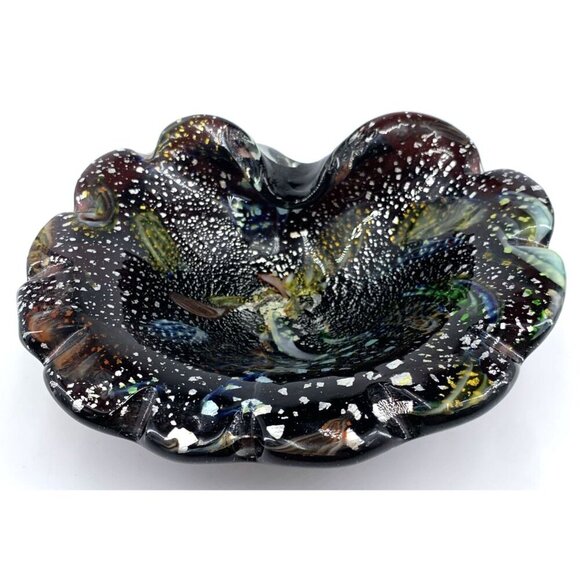 Murano Tutti Frutti MCM Art Glass Cobalt Pinched Ashtray Dish Bowl Silver 7" W - Picture 2 of 8